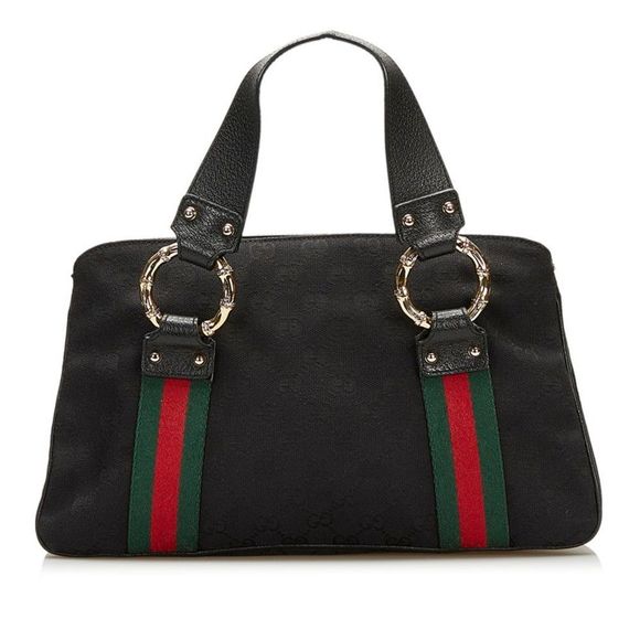 Gucci GG Canvas Sherry Line Metal Bamboo Handbag Black Canvas Leather - Picture 1 of 11